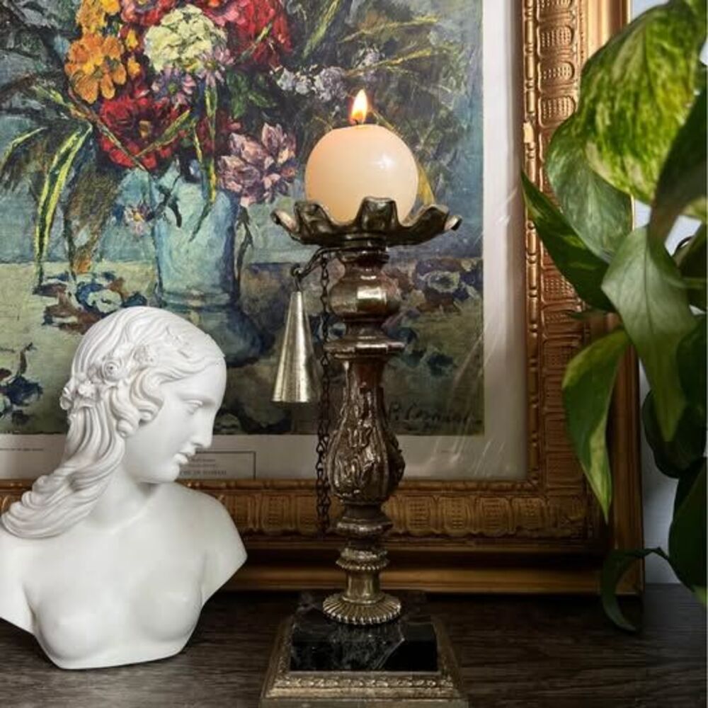 Vintage Ornate Brass and Black Marble Base Candle Holder w/Hanging Brass Snuffer